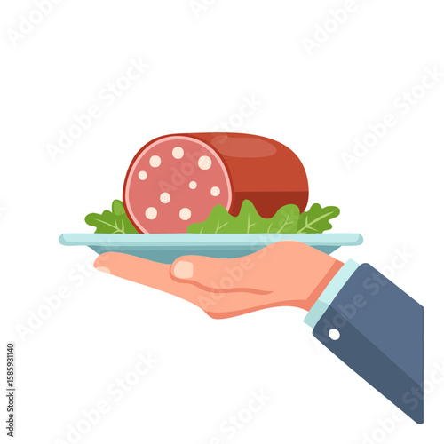 A hand holding a plate with a piece of salami on it. The hand wears a formal blue suit