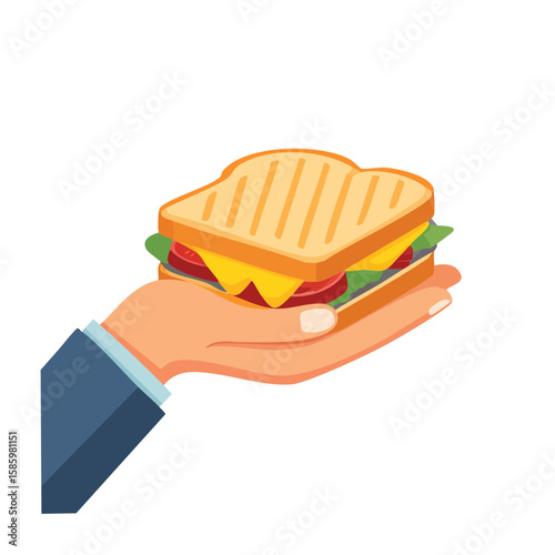 A fresh and appetizing sandwich held in the open hand