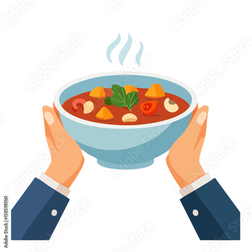 A person holding a bowl of delicious soup. The soup looks inviting and steamy, with fresh garnishes on top