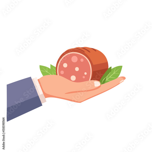 A hand offering a slice of sausage with basil leaves