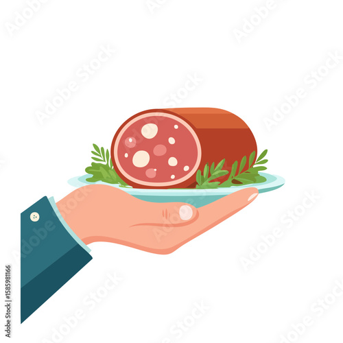 A hand holding a plate with a delicious sausage and greenery, ready to be served