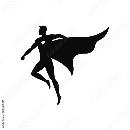 Silhouette of superhero flying with cape on white background for heroic design  