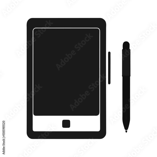 Silhouette of tablet with stylus pen on side on white background for tech design  