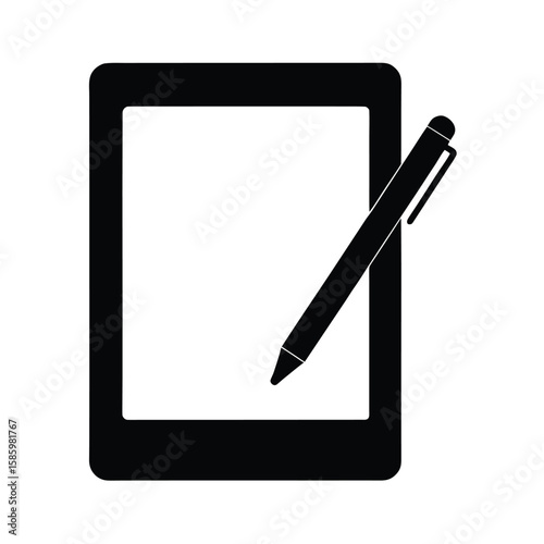 Silhouette of tablet with stylus pen placed on side on white background for tech concept  