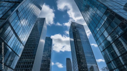 Wallpaper Mural Low angle view of modern city skyscrapers with reflective glass facades reaching toward blue sky with scattered clouds in daylight Torontodigital.ca