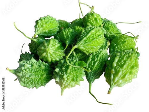 A pile of fresh bumpy green bitter melons on a white background karela