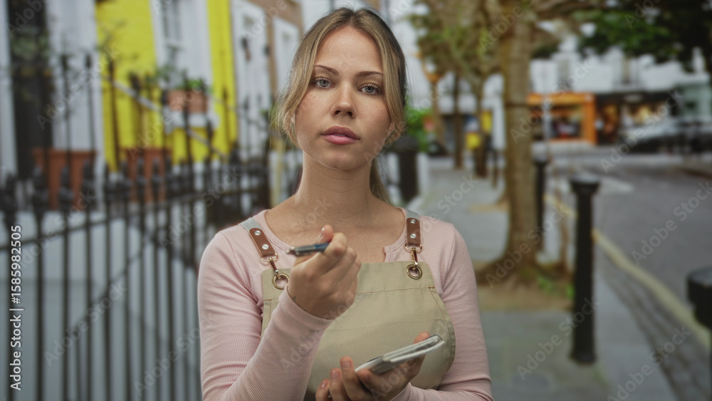 Fototapeta premium Blonde woman in apron writes in notepad with pen on urban sidewalk; quiet concentration planning reflection.