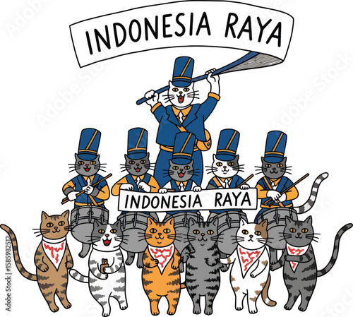 Cute Cartoon Cats Marching Band with Indonesia Raya Banners.