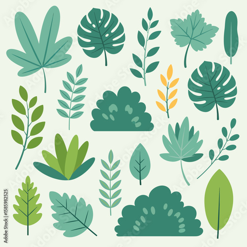 Wallpaper Mural Flat Botanical Elements in Green and Yellow Tones Silhouettes Vector illustration Torontodigital.ca