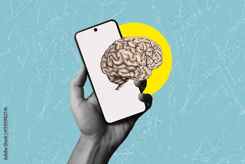 Art collage on the topic of modern smart technologies. Smart applications for mobile phones. Artificial intelligence in the modern world