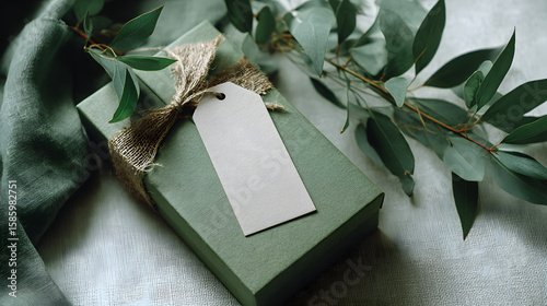 Green Gift Box with Empty Tag and Fresh Eucalyptus Leaves