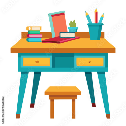school desk with books