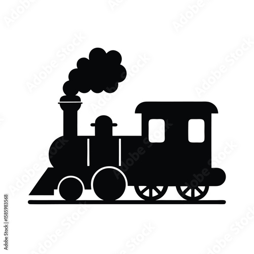 Silhouette of vintage steam train with smoke billowing on white background for retro travel  