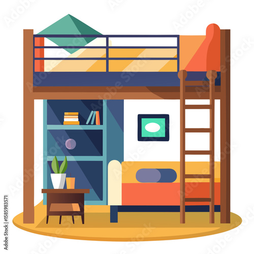 Modern furniture store interior with wooden shelves, tables, chairs, and organized home office design in a clean vector illustration style