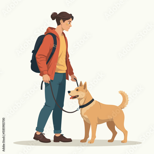 Vector illustration of person with guide dog trusting navigating on white background