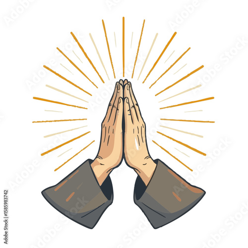 Vector illustration of praying hands with rays spiritual glowing on white background