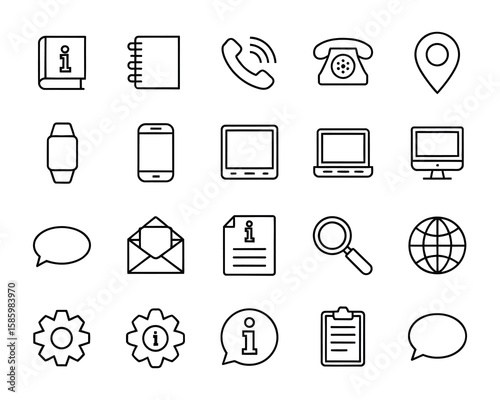 Information Vector Icon Set  Smartwatch, Smartphone, Laptop, Help, Info, Contact, Guide, Support, Search, Communication  Adjustable Line Weight