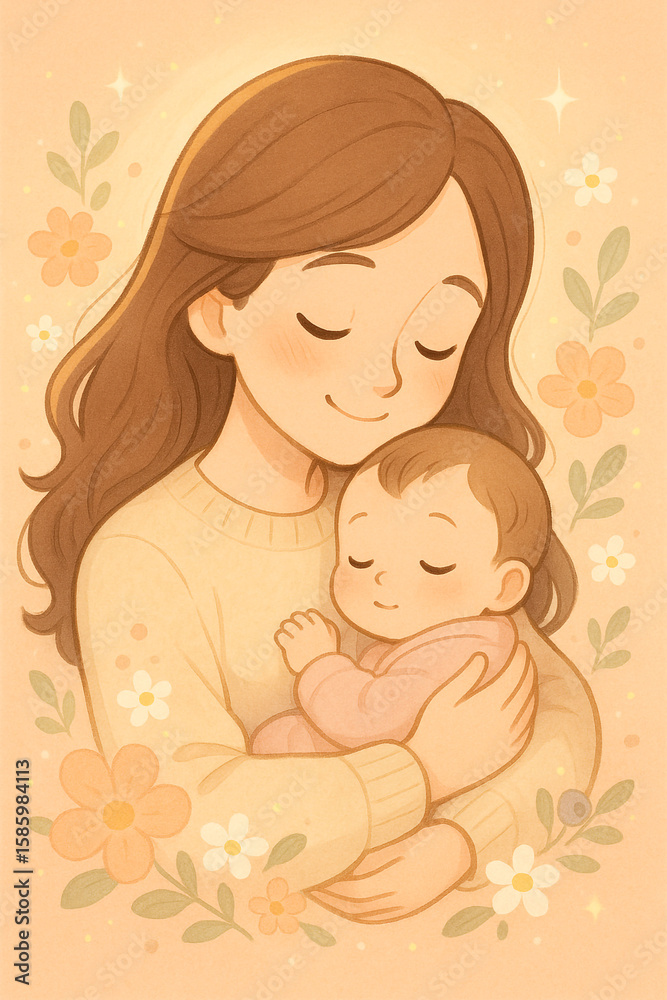 Painting of a mother hugging her child, mother, baby, woman hugging her child