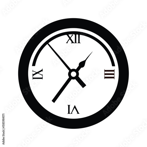 Silhouette of wall clock with roman numerals on white background for classic timepiece  