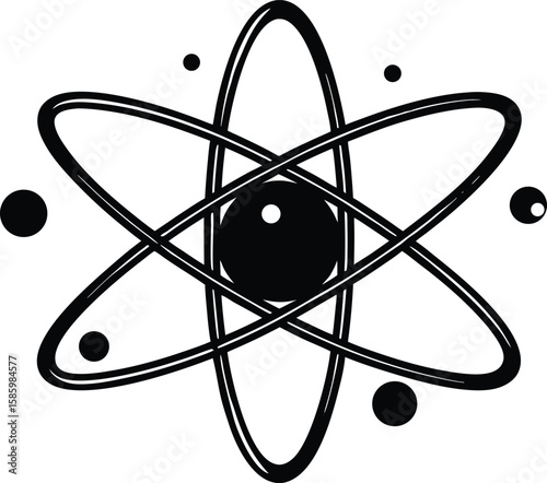 An atom model with orbiting electrons is isolated on white background, representing science and technology