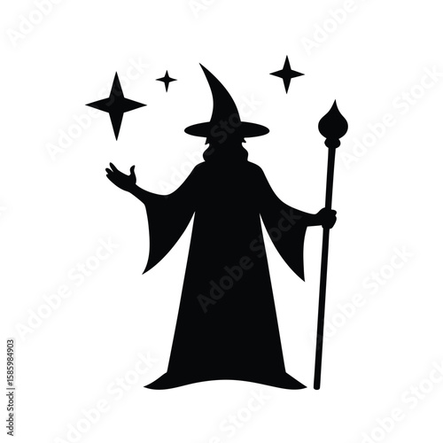 Silhouette of wizard holding staff surrounded by stars on white background for magical theme  
