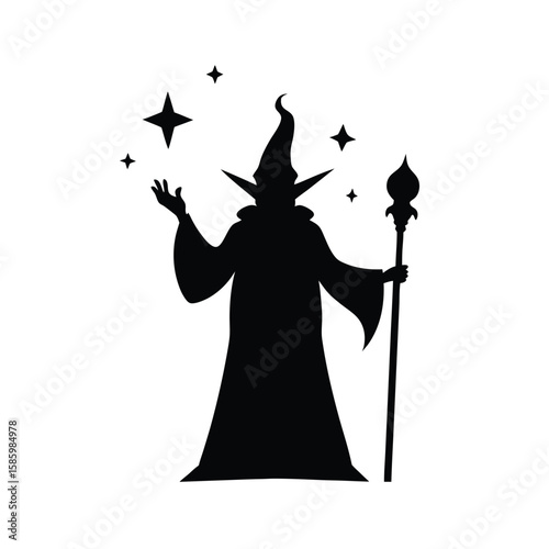 Silhouette of mystical wizard with glowing staff and stars on plain white background  
