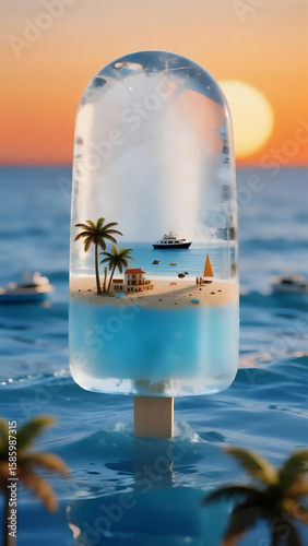 Beach microcosm sun beach vacation melting ice cream popsicles Summer cool refreshing ice cubes blue cooling The ocean sea fish