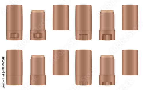 Mockup of thin open cosmetic sticks with rotating bottom wheel. Cosmetic tube. Face contouring pen, highlighter or bronzer. Concealer or foundation. Beige or light brown containers