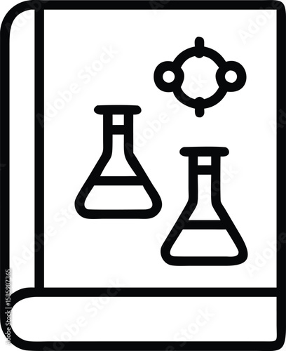 Science textbook line art with chemical flasks and molecule diagram on page