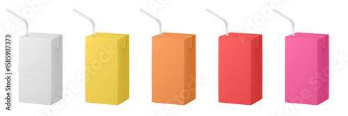 Set of juice or milk cardboard package with straw. Vector mockup set. Yellow, white, red, orange and brown boxes for dairy products. Banana, strawberry, caramel or chocolate milkshake