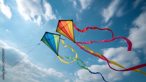 Two colorful kites fly high in the blue sky with white clouds that means friendship