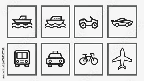 Collection of simple black and white transportation icons on a light background