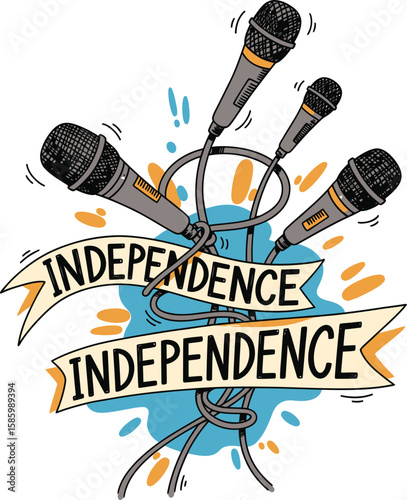 Four Microphones Holding Independence Banners Illustration.