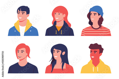 Diverse portrait avatars: A vibrant collection of vector portraits showcases a diverse array of young individuals, each exuding their unique style and personality.