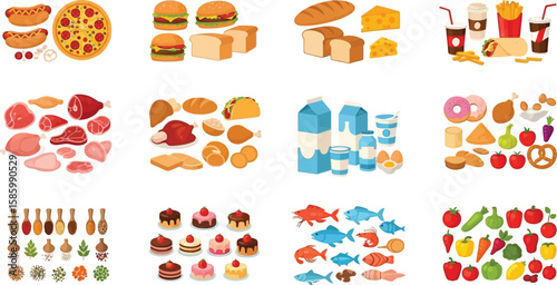 An assortment of food items showcased, including fast food, sweets, and produce.