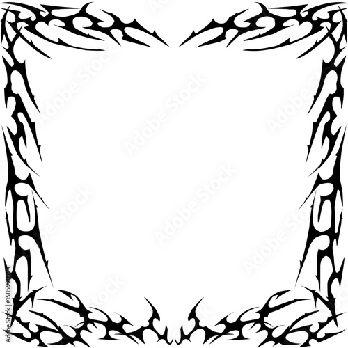 A collection of sharp-spiked tribal frames in Y2K style. Hand-drawn cyber sigilism tattoo borders. Vector illustrations for posters, collages, and design templates.