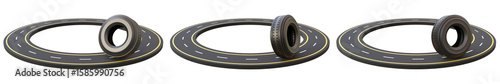 Set of circle road with car tire on a isolated background. Set of highway asphalt road and wheel isolated. Trasportation, navigation, travel or trip elements.