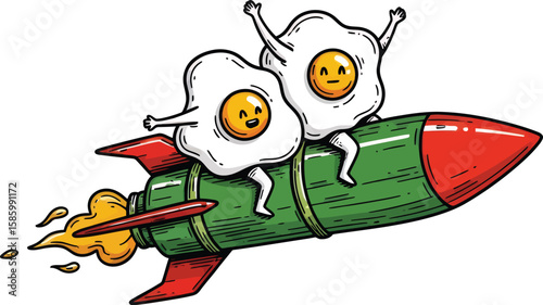 Two Cheerful Fried Eggs Riding a Rocket.