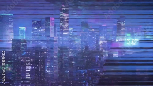 A futuristic city skyline at night with vibrant blue and purple lights. Skyscrapers dominate the scene, creating a modern urban atmosphere.