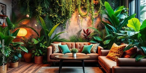 Fototapeta Naklejka Na Ścianę i Meble -  Cozy parquet living room, urban jungle backdrop, lush plants, comfy sofa, cozy sofa, tropical