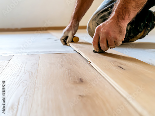 Installing new hardwood flooring: A skilled worker is carefully fitting planks together in a bright room, creating a beautiful and durable surface.