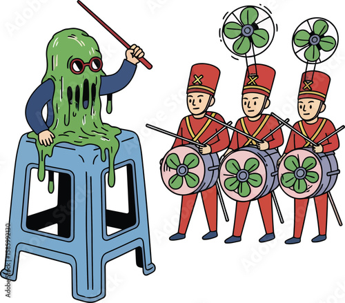 Green Slime Conductor Leading Toy Soldier Drummers with Fans.