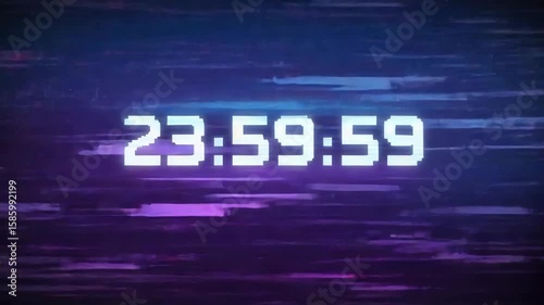 Digital countdown timer displaying 23:59:59 on a vibrant, abstract background with blue and purple hues. Represents the concept of time and anticipation.