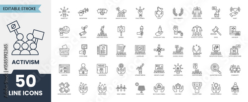 Activism line editable icon set. Containing protest, activist, demonstration, petition, human rights, and more. Vector illustration