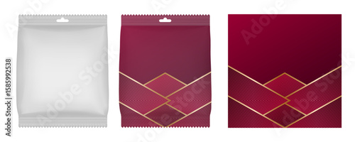 Flexible pouch - blank mockup template. Burgundy red pattern for packaging design. Coffee, candy, shack or nuts. Food bag.