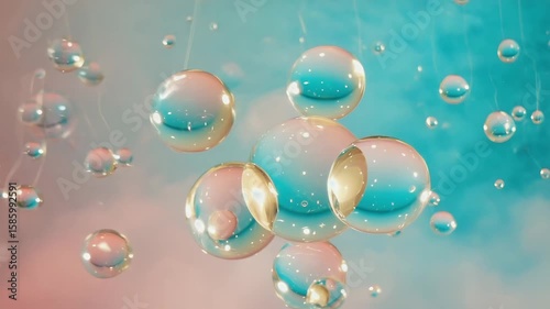 Colorful soap bubbles floating in the air against a soft pastel background. The bubbles reflect light and create a dreamy atmosphere.