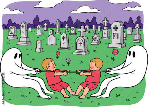 Two ghosts and two children playing tug-of-war in a graveyard.