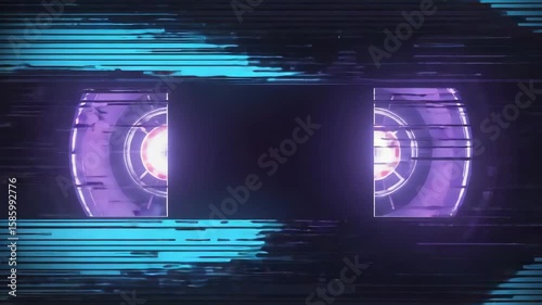 Abstract digital background with glowing purple and blue lines. The design features two circular elements with light effects, creating a futuristic look.