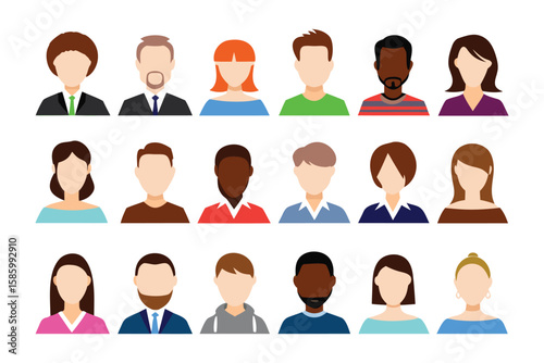 Diverse Avatar Collection: A curated array of vector avatars showcases a range of characters and ethnicities in a clean, minimalist style.