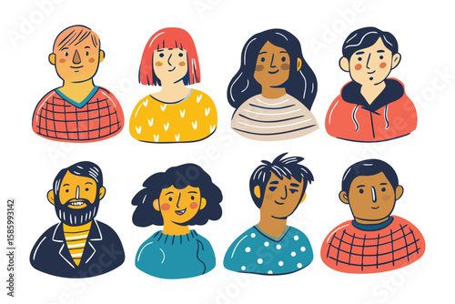 Diversity of Faces in Art: A set of eight illustrated faces, each portraying unique characteristics. Representing human diversity through artistic expression.
